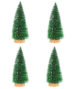 4 x Mini Christmas Pine Tree With Snow And Wood - 16cm - Green