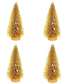 4 x Mini Christmas Pine Tree With Snow And Wood - 25cm - Gold