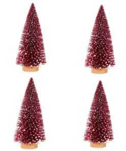 4 x Mini Christmas Pine Tree With Snow And Wood - 25cm - Red