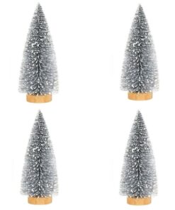 4 x Mini Christmas Pine Tree With Snow And Wood - 25cm - Silver