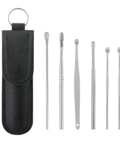 6 Piece Ear Cleaner Wax Removal Tool Earpick Sticks with PU Storage Bag - Black