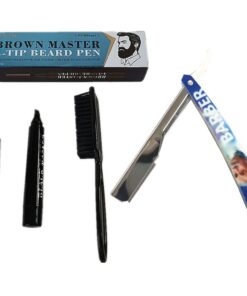 Beard Pen 4 Tip Beard Filler Pencil Kit + Barber Razor Cut Throat Shavette - Brown