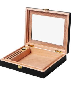 Cedar Wood Humidor Cigar Box and Cutter Set - Black