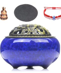 Ceramic Incense Burner -Fireproof Mat, Metal Lid,Incense Burner & Bracelet - Dark Blue
