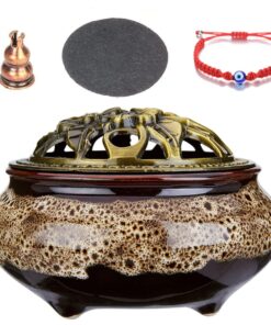 Ceramic Incense Burner -Fireproof Mat, Metal Lid,Incense Burner & Bracelet - Dark Brown