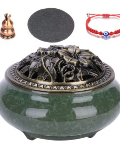 Ceramic Incense Burner -Fireproof Mat, Metal Lid,Incense Burner & Bracelet - Dark Green