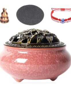 Ceramic Incense Burner -Fireproof Mat, Metal Lid,Incense Burner & Bracelet - Soft Pink