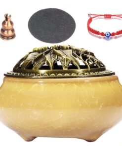 Ceramic Incense Burner -Fireproof Mat, Metal Lid,Incense Burner & Bracelet - Yellow