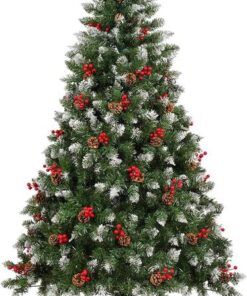 Cherry Artificial Christmas Tree With White Tips Red Berries Pine Cones - 180 cm
