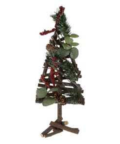 Christmas Tree with Red Berries, Wood, and Pine Cones