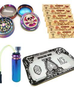 DaMa Skull Weed Grinder + 6 Hornet Rolling Paper + Mini Iri Bong Pipe + Tray - Black ACE