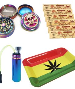 DaMa Skull Weed Grinder + 6 Hornet Rolling Paper + Mini Iri Bong Pipe + Tray - Red Yellow Rastafarian