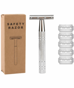 Double Edge Shaving Razor - Premium Safety Razor - 5 Blades Included - Silver