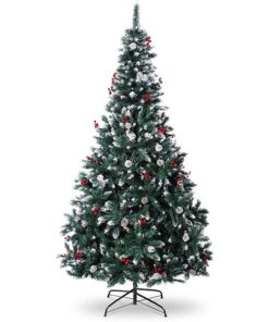 Greenery Flocked Christmas Tree Metal Base Red Berries, Pine Cones, D.I.Y - 180 cm
