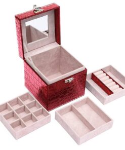 Handheld 3 Layers PU Leather Mirror Jewelry Box-Bright Red