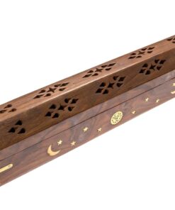 Handmade Wooden & Brass Incense Sticks & Cone Burner Coffin Box - Celestial