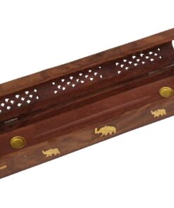 Handmade Wooden & Brass incense sticks & Cone Burner Coffin Box - Elephants