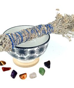Imphepo Smudge Wand , Ceramic bowl & Chakra stone bundle - Black