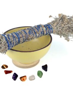 Imphepo Smudge Wand , Ceramic bowl & Chakra stone bundle - Yellow