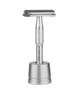 Metal Double Edge Safety Shaving Razor with Stand For Men - Silver