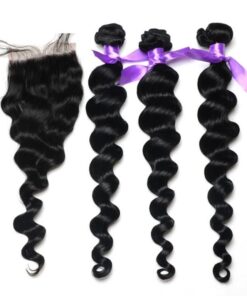 Peruvian Loose Wave Virgin Hair Weave Extensions with Lace 4x4 Closure 8A Grade