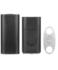 Portable Premium LeatherCigar CaseCedar Wood Lined CigarHumidor with Cutter - Black