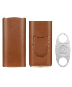 Portable Premium LeatherCigar CaseCedar Wood Lined CigarHumidor with Cutter - Brown