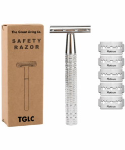 Premium Double Edge Safety Shaving Razor & 5 Platinum Coated Blades-Silver