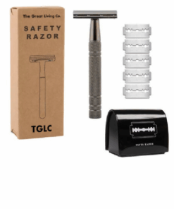 Premium Double Edge Shaving Razor with 5 Blades & Razor Blade Bank - Grey