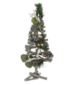 Xmas Tree with White Colour Berries, Wood, and Pine Cones - Green Design