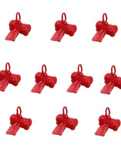 10 Dog Poop Poo Plastic Bags Set for Pet Walking - Red - Bone Shape Holder