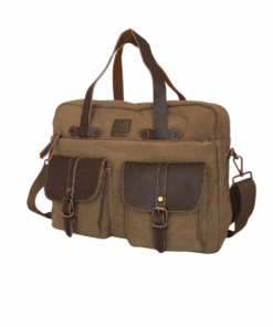 14-Inch Canvas Laptop Bag With Bonded Leather - Khaki