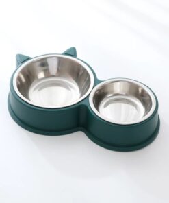 2 in 1 Cat-Shaped Food & Water Bowls Stainless Pet Feeder Bowl - Green