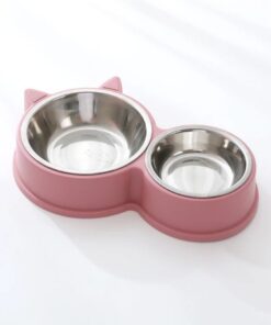 2 in 1 Cat-Shaped Food & Water Bowls Stainless Pet Feeder Bowl - Pink