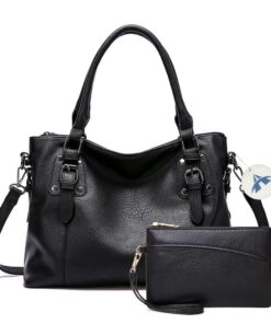 2-In-1 Multi-Pocket PU Leather Casual Shoulder Bag With Handbag - Black