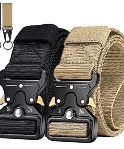 2 Pack Tactical Belt With Keychain Holder Gears Quick Release Buckle Belt - black+khaki