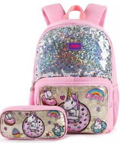 2 Pcs Set Cute Unicorn School Glitter Sequin Backpack - Pink