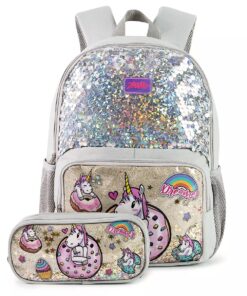 2 Pcs Set Cute Unicorn School Glitter Sequin Backpack - Silver
