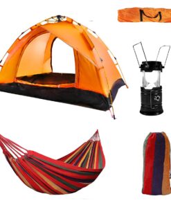 200x200cm 3 Man Instant Tent with Cotton Hammock & Solar Lantern ORG/BLK