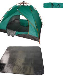 200x200cm Waterproof 3 Man Instant Tent & 190X190cm Foil & Foam Camping Mat - Green