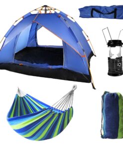 205x130cm Waterproof 2 Man Instant Tent with Cotton Hammock & Solar Lantern - Blue, Black