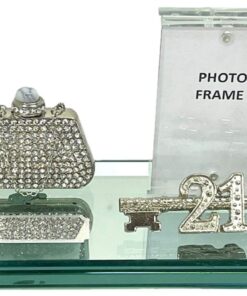 21st Key on Mirror Base with Silver Diamante Handbag and Photo Frame