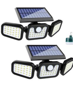 2x Solar Motion Flood Light 3 Adjustable Heads With 12W Rechargeable Bulb