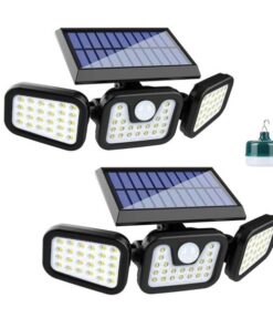 2x Solar Security Flood Light 3 Adjustable Heads With 12W Rechargeable Bulb