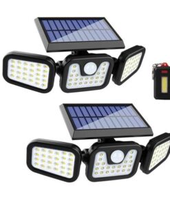 2x Solar Security Flood Light 3 Adjustable Heads With Mini COB LED Keychain - White