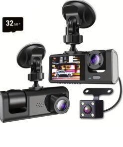 3 Channel Dash Cam for cars. Front, Rear & Inside Recording (32G Card)