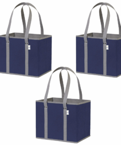 3 Pack Reusable Grocery Bags Large Tote Folding Shopping Bag - Navy Blue