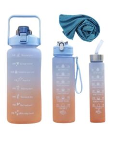 3 Piece Blue & Orange Motivational Water Bottles and Cooling Towel Combo