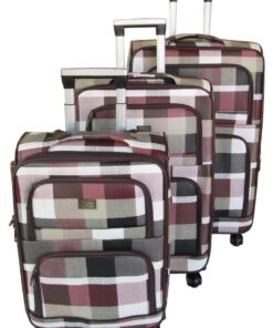 3 Piece Checkered  Art PU Leather Travel Luggage Bag Set - White & Black - Red & White