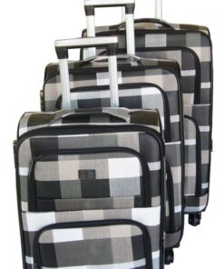3 Piece Checkered  Art PU Leather Travel Luggage Bag Set - White & Black - White & Black